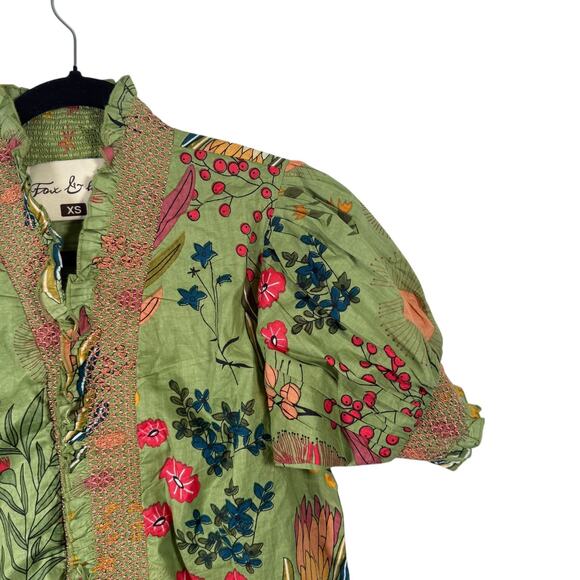 Fox and Hen Green Floral Puff Sleeve Blouse Boho Artsy Womens XS - Picture 2 of 5